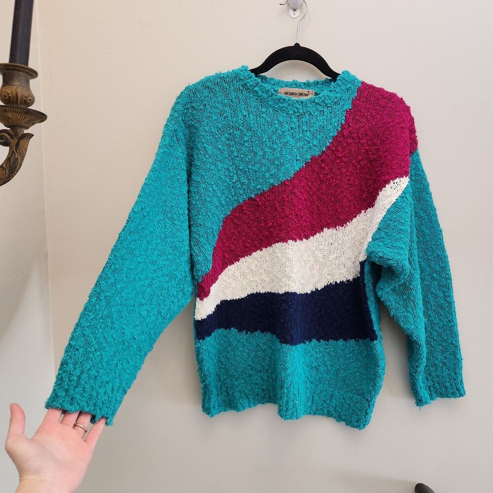 Vtg 90s Teal Purple Colorblock Acrylic Sweater Chunky Knit Jazz Cup Retro